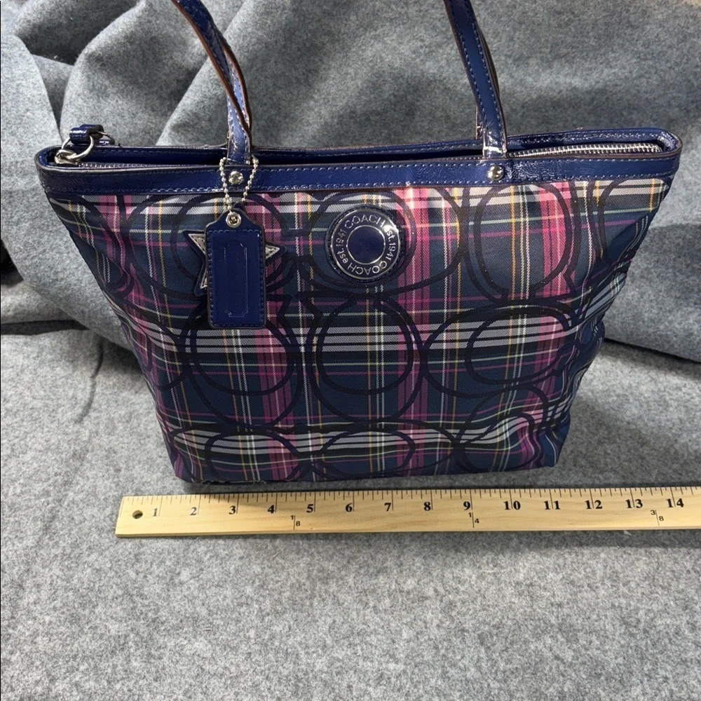 Coach Poppy leather trim Tartan Plaid Signature Bag Pink Purple Black Purse Bag